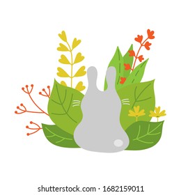Cute cartoon Bunny sitting back near plants and flowers . Hand- drawn vector illustration for postcards, children 's design and more.
