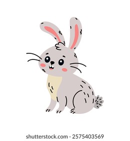 Cute Cartoon Bunny Sitting Cheerfully, Joyful Expression and Charm. character design for Easter, vector illustration in flat style on a white background