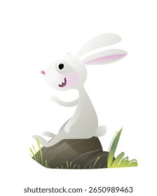 Bonito Coelho de Desenho Animado Sentado em uma Rocha com Grama e rindo. Mischief coelho branco engraçado e sorridente, caráter animal da floresta para crianças. Ilustração em coelho vetorial para crianças.
