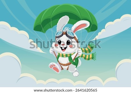 Cute cartoon bunny skydiving with green parachute. Travel adventure concept for kids, fun aviation, vacation or holiday illustrations. Vector. 