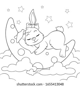 Cute cartoon bunny sleeping on the moon in clouds. Black and white illustration for coloring book