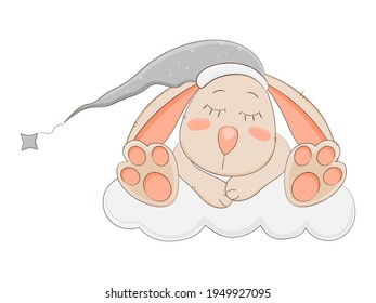 Cute cartoon bunny sleeping on cloud. Vector illustration.