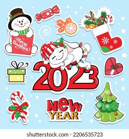 Cute cartoon bunny sleeps on the numbers 2023, snowman and christmas items. Fashion patch badges. Vector illustration of kawaii style. Symbol new year