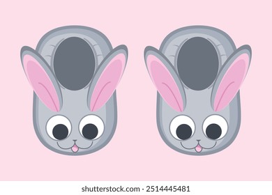 Cute cartoon bunny slippers. Soft and cozy house slippers with rabbit bunny face. Vector illustration