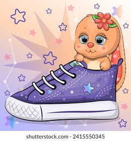 A cute cartoon bunny with a sneaker. Vector illustration of an animal on a colorful background with stars.