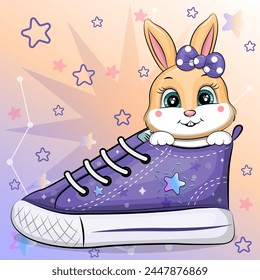 A cute cartoon bunny with a sneaker. Vector illustration of an animal on a colorful background with stars.