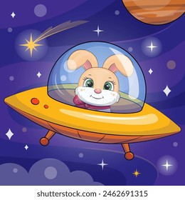 Cute cartoon bunny in a spaceship. Vector illustration of an animal in space on a blue background with stars and a planet.