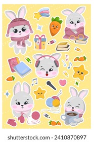 Cute cute cartoon bunny stickers. Children s hobby stickers. Vector illustration