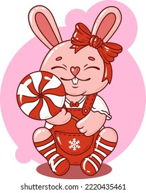 Cute cartoon bunny in striped socks, a red bow and a Christmas lollipop.