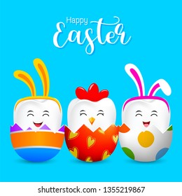Cute cartoon bunny tooth cracking from egg shell. Easter holiday concept. Vector illustration isolated on blue background.