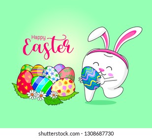 Cute cartoon bunny tooth with Easter eggs. Cartoon character design. Happy Easter day.  Vector illustration isolated on green background.