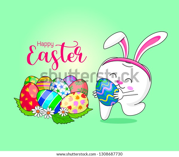 Cute cartoon bunny tooth with Easter eggs.\
Cartoon character design. Happy Easter day.  Vector illustration\
isolated on green\
background.