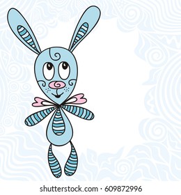 Cute cartoon bunny toy and beautiful blue background . Vector illustration.