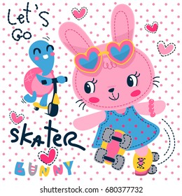 Cute cartoon bunny and turtle racing with roller skate and scooter on polka dot background illustration vector.
