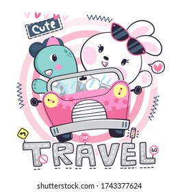 Cute cartoon bunny and turtle waving hand traveling by car on the road vector illustration, Print for children wear.