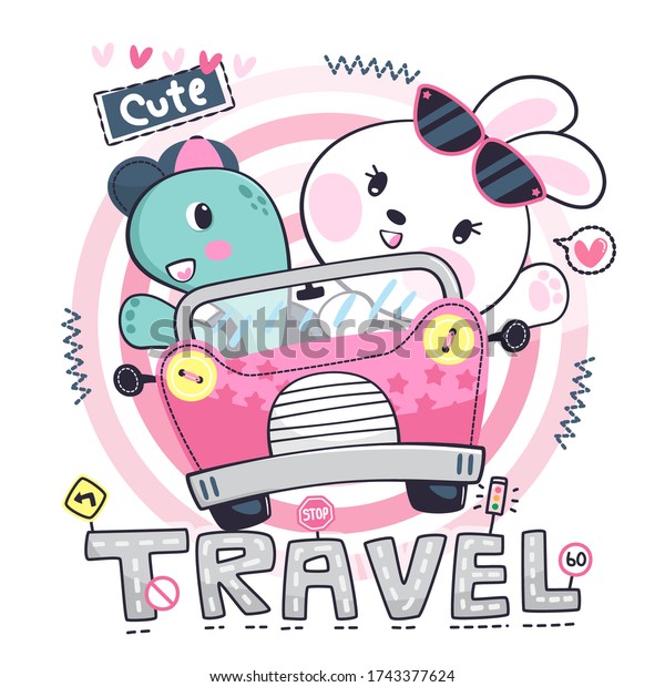 Cute\
cartoon bunny and turtle waving hand traveling by car on the road\
vector illustration, Print for children\
wear.