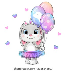 A cute cartoon bunny with a unicorn headband and a rainbow skirt is holding balloons. Vector illustration of an animal on a white background.