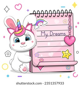 A cute cartoon bunny with a unicorn headband holds a big pink notebook with stickers. Vector illustration of an animal on a white background with a heart, stars, circles and a flower.