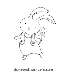 Cute cartoon bunny in vector. Little rabbit boy. Vintage hand drawn. Kawaii funny animal. Happy character. Card for Easter, holiday, birthday. Black and white art line. Children's coloring. Doodle