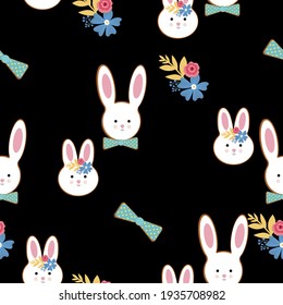 Cute cartoon bunny, vector seamless pattern background.