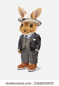 cute cartoon bunny in vintage formal suit style vector illustration