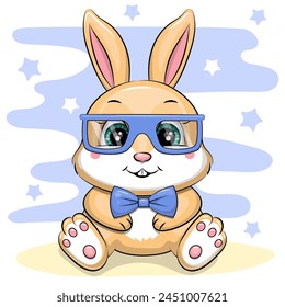 Cute cartoon bunny wearing blue glasses and a bow tie. Vector illustration of an animal on a blue background with stars.