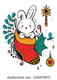 Cute cartoon bunny wearing a Christmas sock. Doodle illustration of a rabbit. Print for postcard or poster.