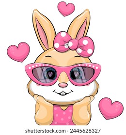 Lindo conejito de dibujos animados con gafas rosas y lazo de pelo. Ilustración vectorial de un animal sobre un fondo blanco con corazones.