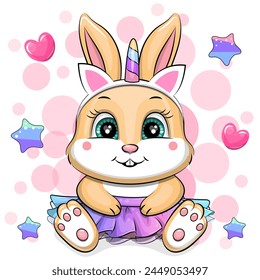 Cute cartoon bunny wearing a rainbow skirt and a unicorn headband. Vector illustration of an animal on a pink background with stars and hearts.