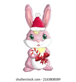 Cute cartoon bunny wearing santa hat with candy kane. Winter 2023, Christmas and New Year.