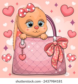 Cute cartoon bunny wears a hair bow and sits in a woman's handbag. Vector illustration of an animal on a red background with hearts.
