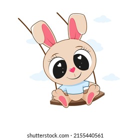 Cute Cartoon Bunny who rides on a swing. Vector illustration.