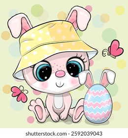 Cute Cartoon Bunny in a yellow panama hat with Easter egg