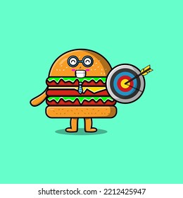 Cute cartoon Burger businessman holding target and arrow with happy expression