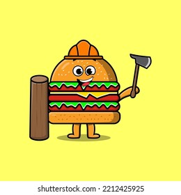 Cute Cartoon Burger As Carpenter Character With Ax And Wood In Flat Modern Style