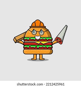 Cute Cartoon Burger As Carpenter Character With Saw And Wood In Flat Modern Style Design