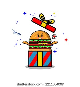 Cute cartoon Burger character coming out from big gift box look so happy flat cartoon style