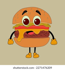 Cute Cartoon burger character. Happy and cheerful emotions. Old animation 60s 70s, funny cartoon characters. Trendy illustration in retro style. 