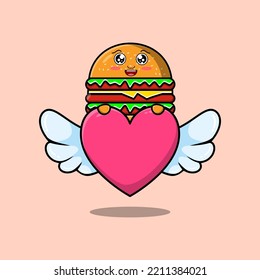 cute cartoon Burger character hiding heart in flat cartoon style illustration