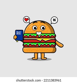 Cute cartoon Burger character holding diary book illustration with happy expression