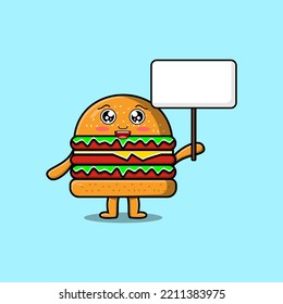 Cute cartoon Burger character holding blank board in vector concept flat cartoon style illustration