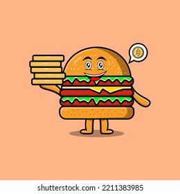 Cute Cartoon Burger Character Holding In Stacked Gold Coin Vector Illustration