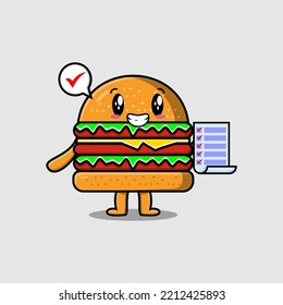 Cute cartoon Burger character holding checklist note in concept flat cartoon style