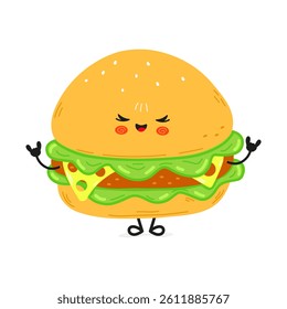 A cute, cartoon Burger character makes a rock and roll gesture with a smiling, happy face.