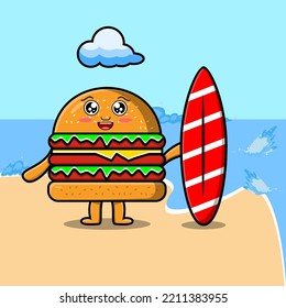 Cute cartoon Burger character playing surfing with surfing board illustration