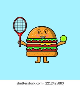 Cute cartoon Burger character playing tennis field in flat cartoon style illustration