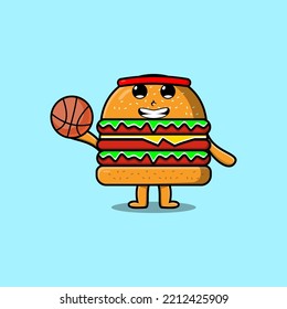 Cute cartoon Burger character playing basketball in flat modern style design illustration