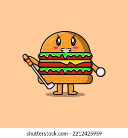 Cute cartoon Burger character playing golf in concept flat cartoon style illustration