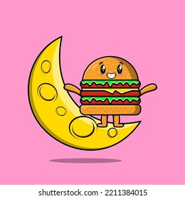 Cute cartoon Burger character standing on the crescent moon in flat modern design illustration