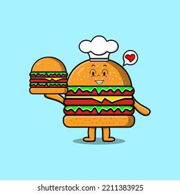 Cute cartoon Burger chef character holding burger in flat cartoon style illustration